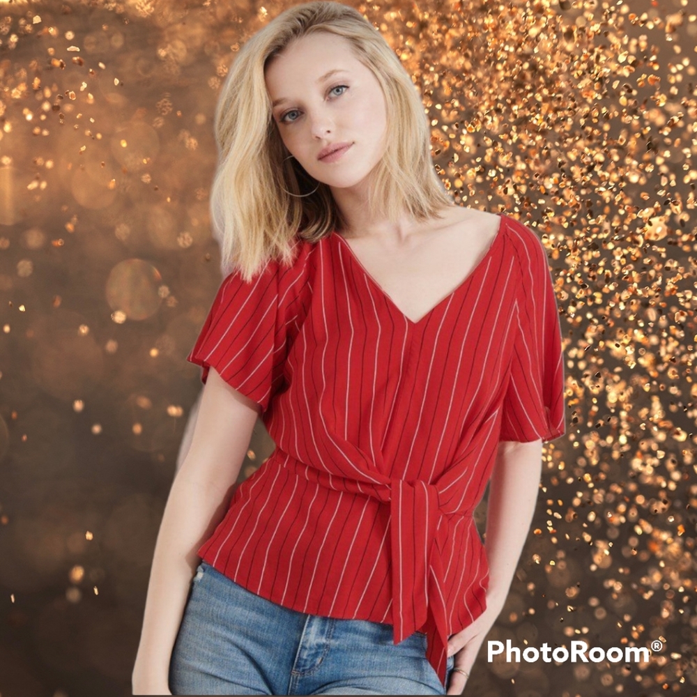 Dynamite Red Striped V-Neck Tie-Waist Blouse